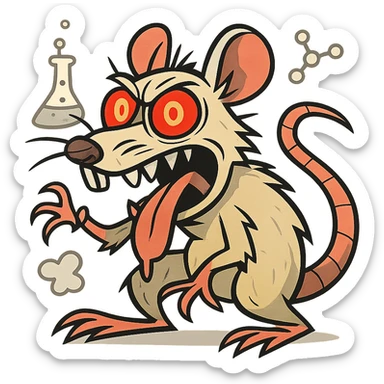 A crazy lab rat with wild eyes, tongue out, red glowing eyes, beige fur, cartoon style with dynamic pose and scientific elements, not in kawaii style. sticker