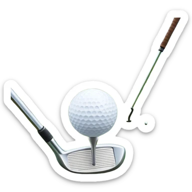 A golf ball on a tee, with a golf club placed beside it on the lush green fairway. The background shows a serene golf course with neatly trimmed grass and a clear blue sky, emphasizing the elegance and precision of the game. sticker