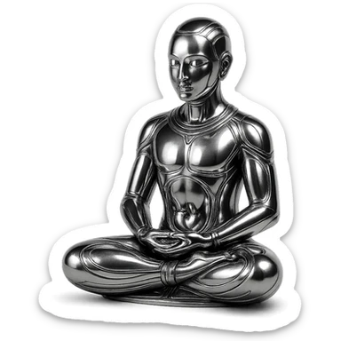 a serene gathering of metallic chrome figures, diverse, meditating in the lotus position, peaceful and harmonious sticker