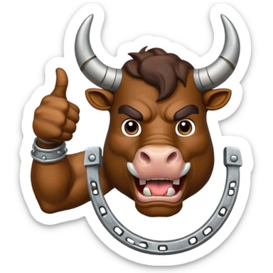 Emoji of an iron horseshoe with an angry powerful bull in the middle showing a thumbs up (Likes) sticker
