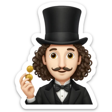 Jewish man with a long nose that sticks out a top hat slightly long curly hair and a penny in his hand sticker