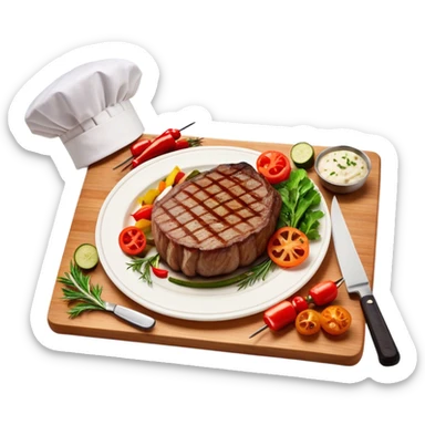 icon featuring a chef’s hat, a cutting board with fresh ingredients, a knife, a beautifully cooked ribeye steak, shashlik skewers, and a plate of food in the making. The design captures the passion of cooking with warm, inviting colors, and realistic textures. Transparent background. sticker