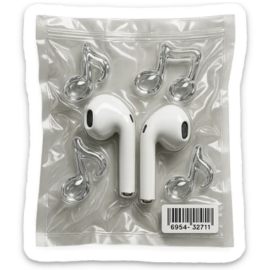 pair of white EarPods with three floating glass music notes in transparent crystal style, shiny and puffy sticker
