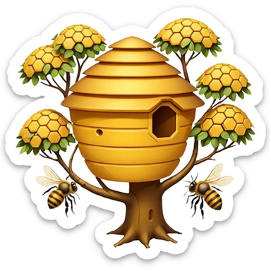 A small hive nestled between tree branches with worker bees. sticker