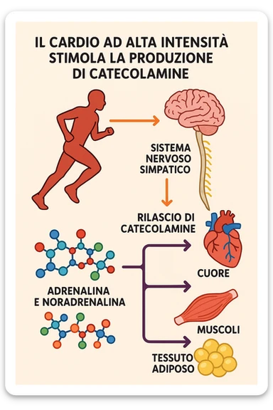 fai uno schemino che mostra come il cardio ad alta intensità stimola le catecolamine sticker