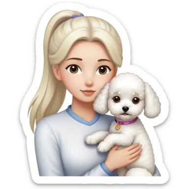 One long face girl with straight hair in a ponytail，hugging one Bichon frise sticker