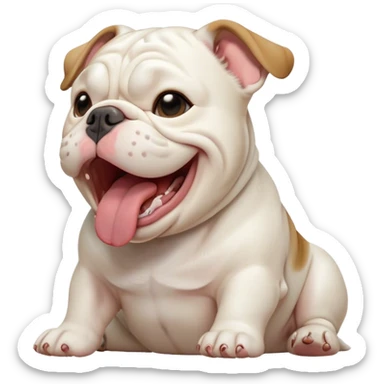 Cinematic Cute Yawning White English Bulldog Portrait Emoji, Head tilted slightly with a dramatic, wide-open yawn, showcasing a smooth, pristine white coat, floppy ears slightly drooping, round brown eyes barely open in drowsy contentment, Simplified yet irresistibly adorable features, highly detailed, glowing with a soft, cozy glow, high shine, relaxed yet expressive, stylized with a touch of whimsy, bright and endearing, soft glowing outline, capturing the essence of a sleepy yet affectionate guardian, so drowsy it feels like it could stretch out of the screen and curl up for a nap! sticker