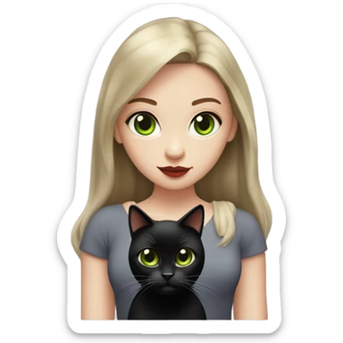 A teenage girl with white skin, she have some green hazel eyes, red lipstick, mid long straight dark brown hair, she have an eyeliner and she is holding a black cat in her arms, view from close sticker