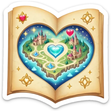 Enchanted floating folded map surrounded by magical sparkles and heart-shaped auras, mystical love journey map sticker