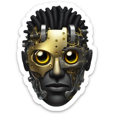 black metal male cyborg head with  one artificial eyeball, circuitry, goatee and dreaded yellow gold hair sticker