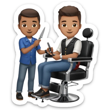 Barber cutting boys hair. Show the boy sat in black barber chair and both having smiles on their faces sticker