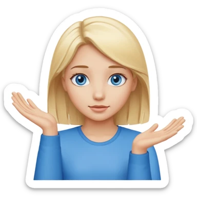 girl with blonde hair and blue eys with heands telling what  sticker