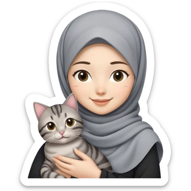 Asian White girl wearing pretty hijab holding a black grey tabby cat while smiling sticker