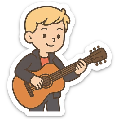 flat toon style young blonde boy in a black jacket playing a guitar sticker