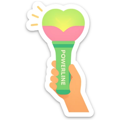 green and pink K-Pop lightstick with the keyword 'POWERLINE' on the handle, glowing, held up in a crowd at a concert, vibrant lighting sticker