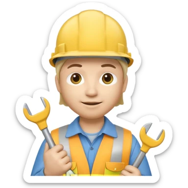 Apple Memoji-style 3D emoji of an engineer wearing a yellow hardhat holding a wrench, soft shading, rounded shapes, no background.
 sticker