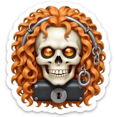 cinematic realistic steampunk Megadeth iconic skull mascot with a padlock in his teeth, orange curly huge hair sticker