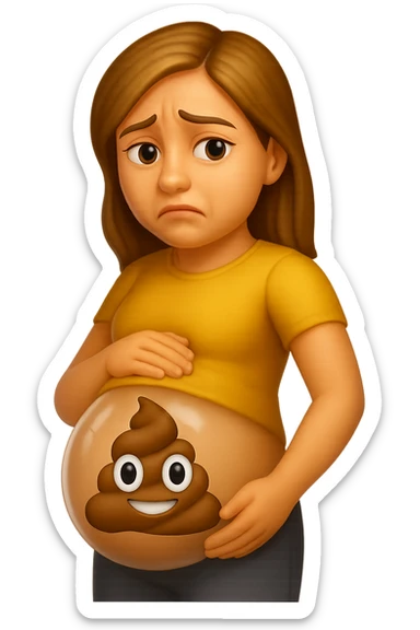 emoji stile iphone di una donna con pancia gonfia piena di cacche con gli occhi, iperrealistico 4k sticker