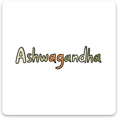 The word "Ashwagandha" hand-drawn in white/cream colored text with just a few green and orange accents. Simple doodle style. sticker