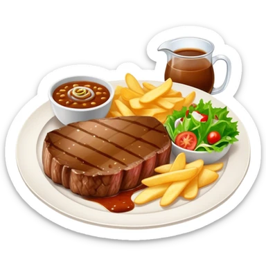 big juicy australian steak meal featuring chips, small salad in a ramikan and gravy in a small bowl on the plate sticker