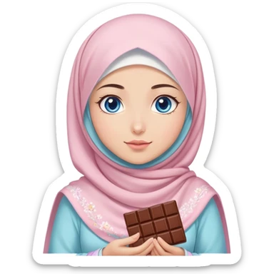 Turkish beautiful finish Konya girl blue eyes with pastel sakura hijab islamic dress and had on her hand Dubai chocolate  sticker