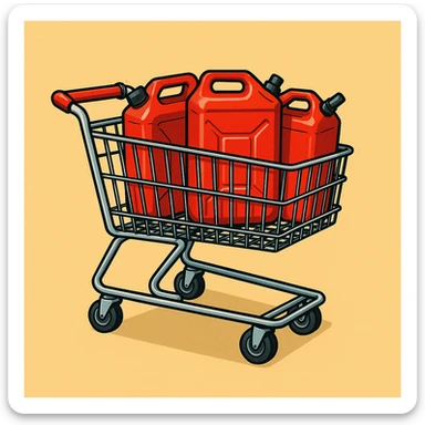 Сгенерируй мне тележку из магазина с красными канистрами бензина   на однородном фоне в стиле чуть чуть  комикса. Канистра стоит четко прямо. без надписей sticker
