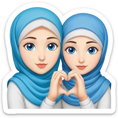 Turkish beautiful finish Konya two girls blue eyes with hijab and making love heart with hand gesture sticker