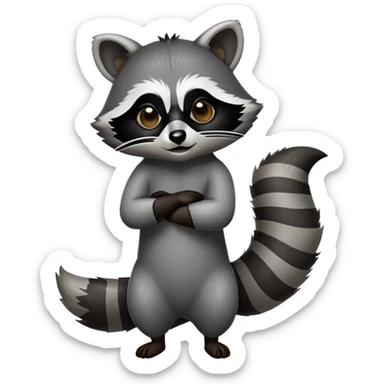 Cinematic-Raccoon-Realistic-Full-Body-Standing-Emoji – Tail flicking lazily, head tilted dramatically, thick grey fur with a signature black mask, sharp and alert ears, simplified yet realistic focused features, highly detailed, glowing with an almost sarcastic glow. sticker