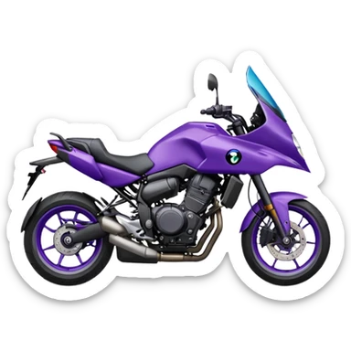 Créer un emoji copiable sur mon système iOS avec une moto mt07 noir mate / violet plus foncé que tu as et iridescent. le style de la mt07 doit être en sport. Avec pilote dessus visière violet bulle de la moto violet aussi. sticker