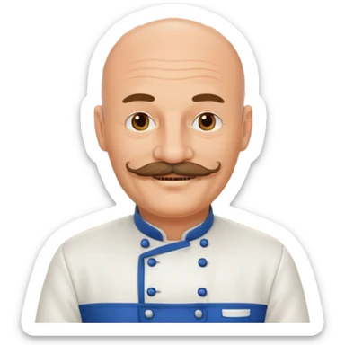 Est-ce que tu peux me faire un chef cuistot qui ressemble à Philippe Etchebest et qui est devant un restaurant? Est-ce que tu peux le faire souriant, avec une moustache de cuistot? 
 sticker