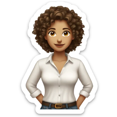 Curly haired tan girl brunette with brown eyes and a low cut white shirt sticker