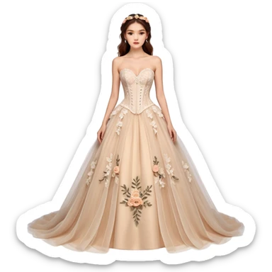A luxurious strapless A-line wedding gown featuring a sheer lace corset bodice with structured boning, intricate floral embroidery, and a flowing layered tulle skirt adorned with delicate 3D floral appliqués for a soft, romantic, fairytale look. sticker