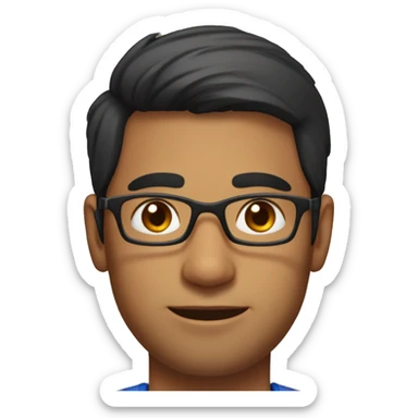 A head and shoulders shot of a 34 year old south asian man, with short black hair,  wearing glasses with brown eyes wearing a t-shirt. sticker