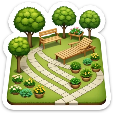 Icon for Landscape Design: a garden layout with trees, plants, pathways, and outdoor furniture, along with design tools like a ruler and sketchpad. The icon should represent the creativity and planning behind landscape design. Transparent background. sticker