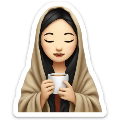 Asian girl inside a blanket sipping coffee eyes closed black hair sticker