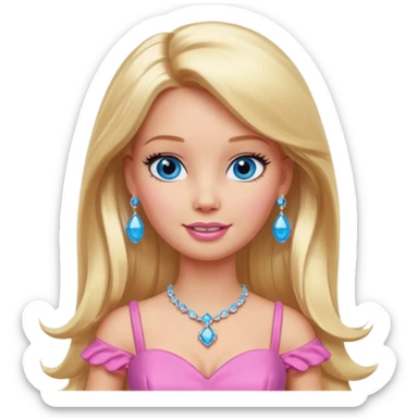 barbie, long blonde hair, pink dress, with blue eyes,different dress,ear rings, jewelry, different face expressions. sticker