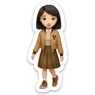 black color hair, light skin long hair girl with brown varsity jacket and long skirt walking

 sticker