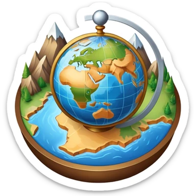 An icon featuring a globe, a compass, and a map, symbolizing geography. The design includes mountain ranges, rivers, and continents, representing the study of Earth’s landscapes and environments. Transparent background highlights the exploration and understanding of the world’s geography. sticker