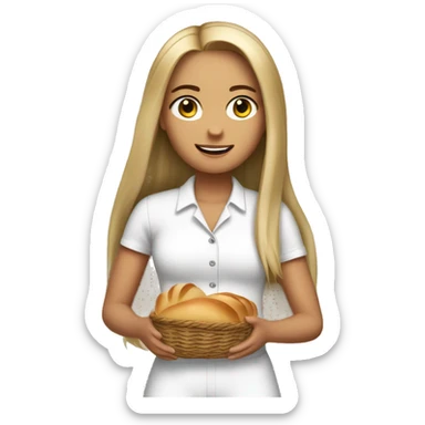 cute white girl, with jumpsuit, white shirt in it, long straight hair, holding a bread basket sticker