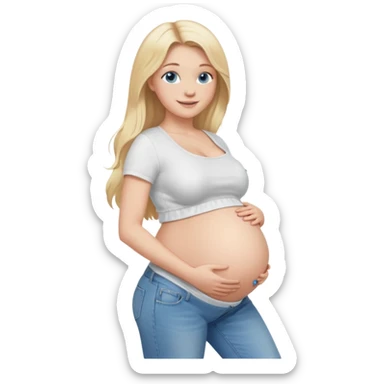 White girl, 18, long blonde hair, blue eyes, white crop top, jeans, huge pregnant belly, side view, skinny, bare midriff, smiling sticker