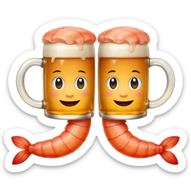 Design a trendy emoji-style illustration of two shrimp peeking from behind text, only half of their bodies visible, curious and playful expressions.
One shrimp holding a beer mug, the other pointing forward.
 sticker