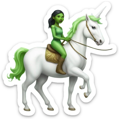 a green amazon alien woman on a four-legged white unicorn sticker