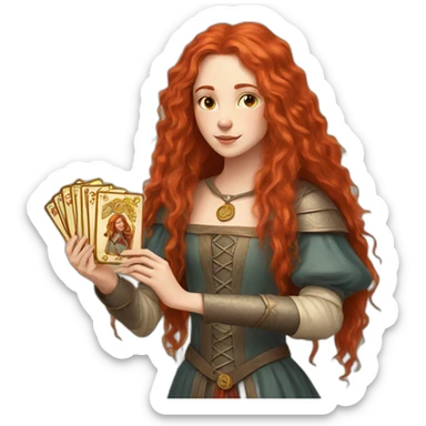a red long haired girl from the middle ages with a deck of tarot cards sticker