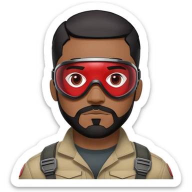 sam wilson have a short, neatly cropped black hair. It is evenly trimmed and close to the scalp, maintaining a clean and military-inspired and  a well-groomed beard that connects to his mustache,  wear sleek, red-tinted tactical goggles fit snugly from captain america: civil war sticker