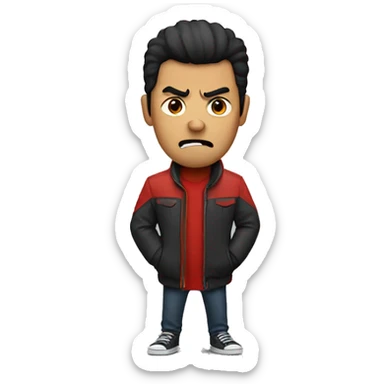 angry red man with short black hair and a red jacket sticker