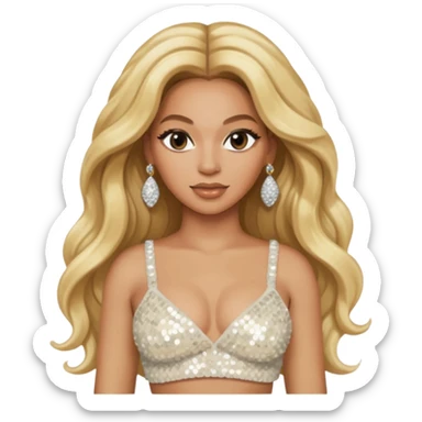 Beyonce with long blonde hair, ivory sequin crop top, ivory earring sticker