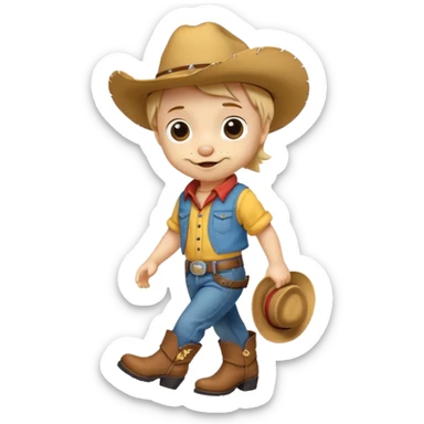 a very cute and adorable anthropomorphic puppy with a cowboy hat ,yellow shirt and blue jeans and brown boots is walking  sticker