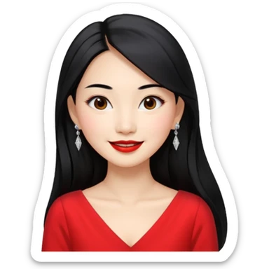 30 yr old asian woman, middle parted straight long black hair, very pretty, fancy dress, earings, red lipstick, silver earings sticker