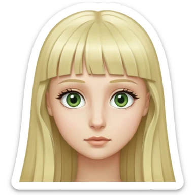 Girl with long blonde hair, micro bangs, no eyebrows, grey green eyes, and long eyelashes sticker
