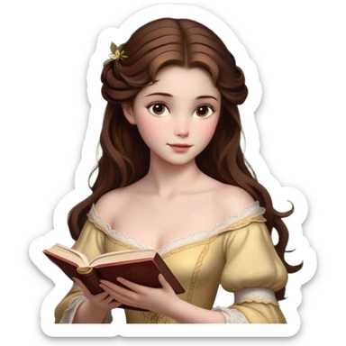 Cinematic Realistic Belle Portrait, depicted with lifelike skin texture, soft natural lighting, and intricately detailed brown hair styled elegantly. Her deep, expressive eyes exude warmth and intelligence, complemented by a serene and graceful expression. She gently holds a book in one hand, her other hand resting at her side, radiating an aura of beauty and intellect. She is dressed in her classic yellow ball gown, the fabric rich in texture with delicate folds that catch the light beautifully. The portrait features a soft, enchanting glow with a natural, radiant finish, capturing the essence of timeless beauty in a realistic and painterly style, evoking a sense of depth and authenticity. sticker